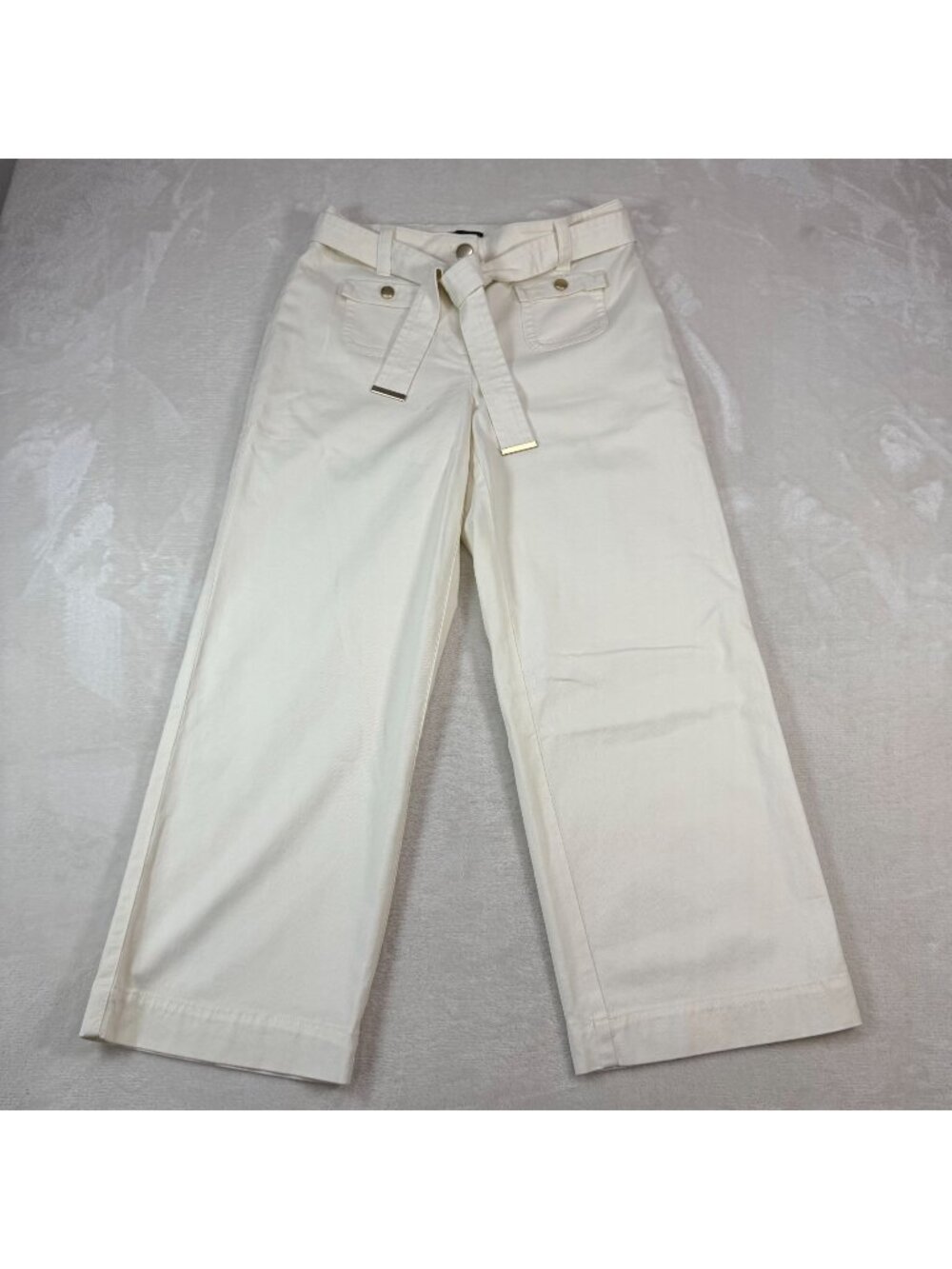 Talbots Wide Ankle Belted Twill Pants Womens 4P Ivory High Waist Patch Pockets